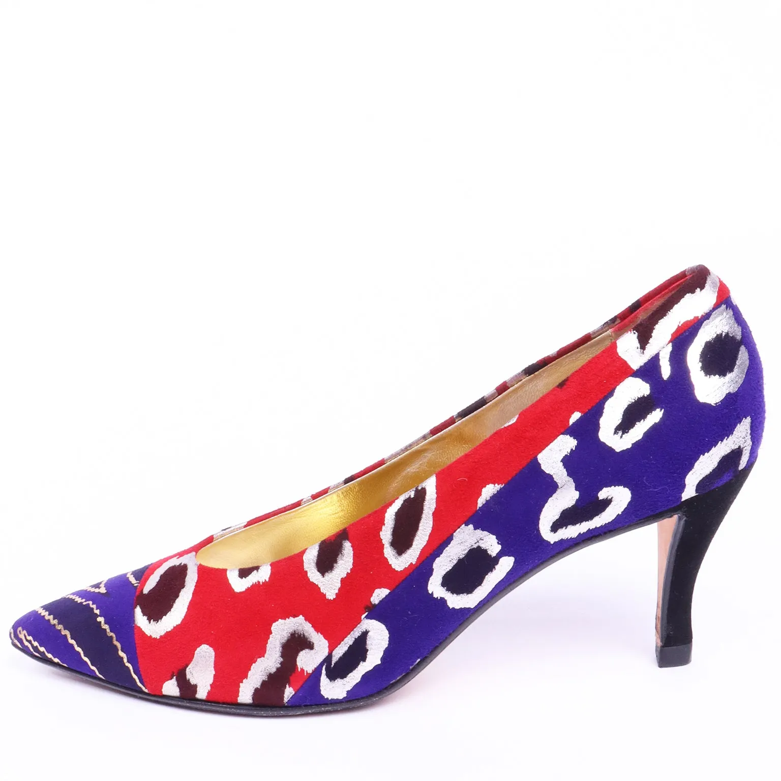 1980s Andrea Pfister Red Blue & Gold Abstract Leopard Print Shoes