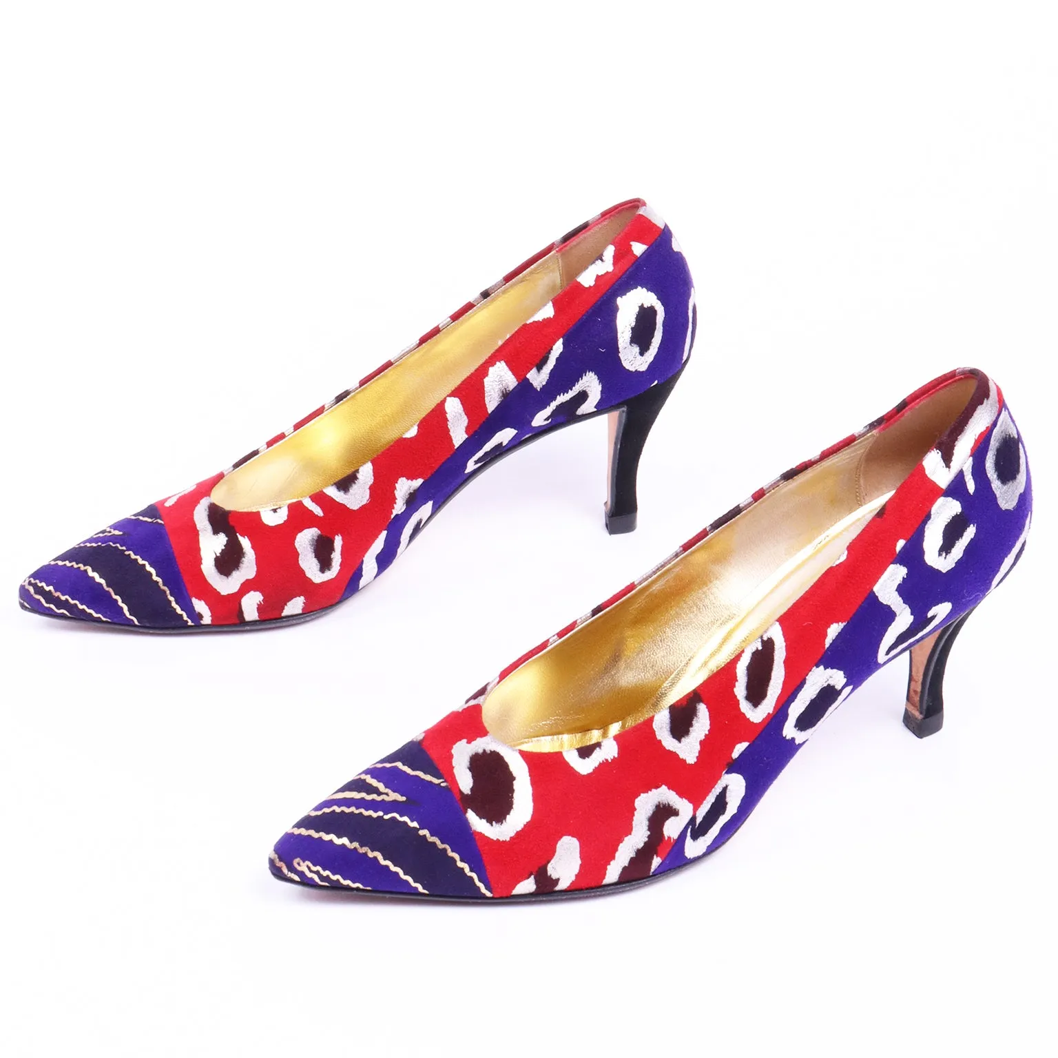 1980s Andrea Pfister Red Blue & Gold Abstract Leopard Print Shoes