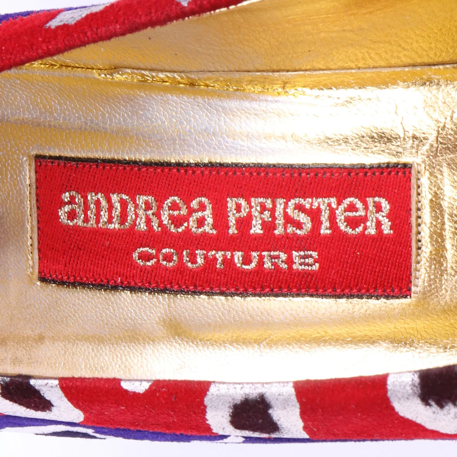 1980s Andrea Pfister Red Blue & Gold Abstract Leopard Print Shoes