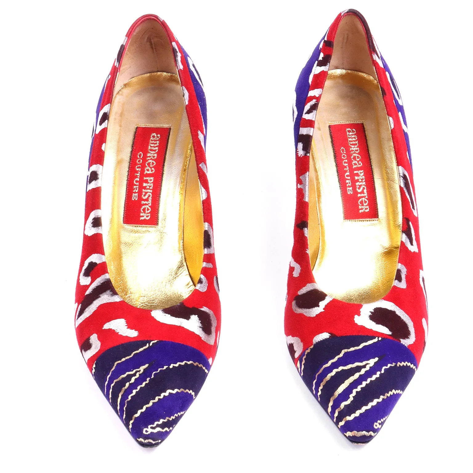 1980s Andrea Pfister Red Blue & Gold Abstract Leopard Print Shoes