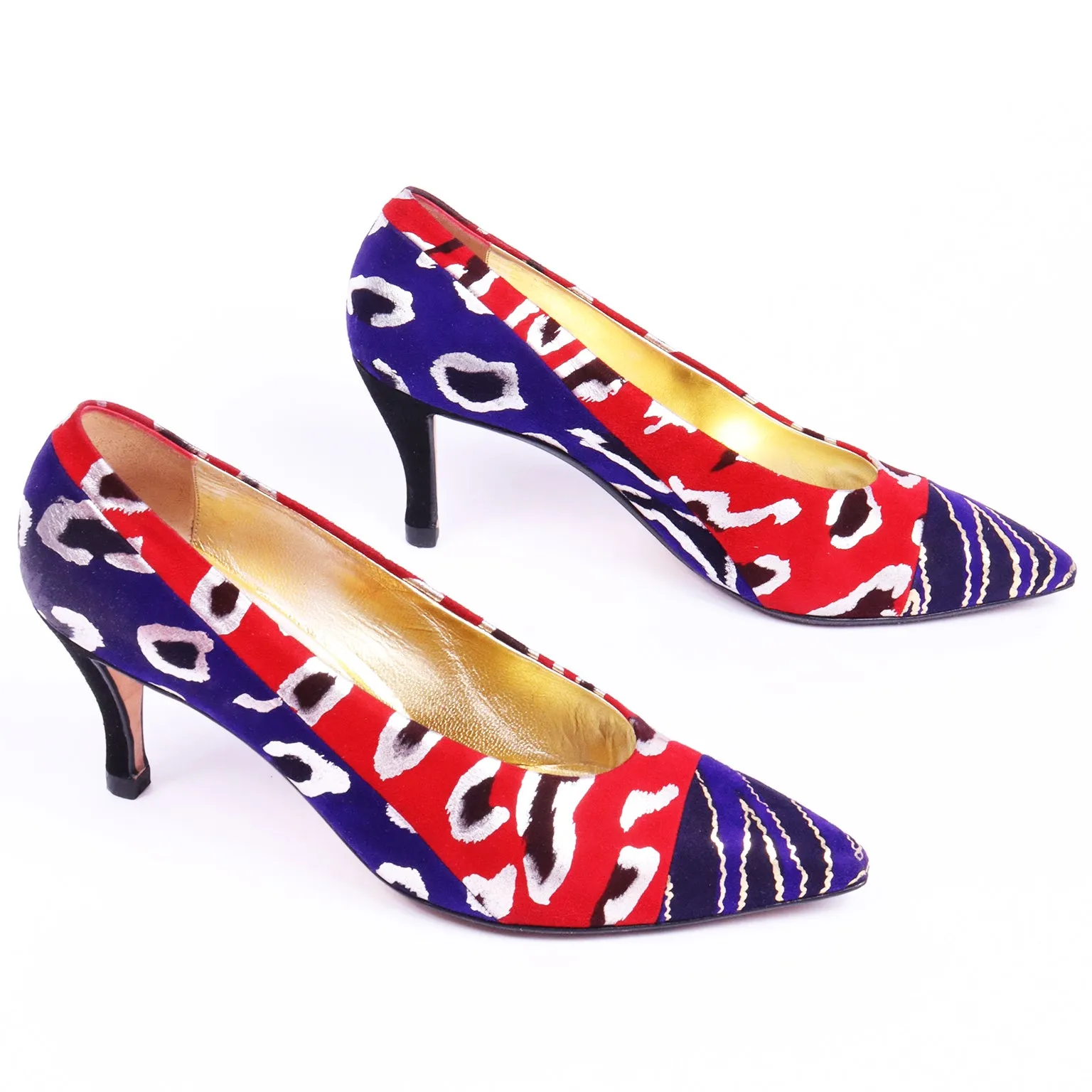 1980s Andrea Pfister Red Blue & Gold Abstract Leopard Print Shoes