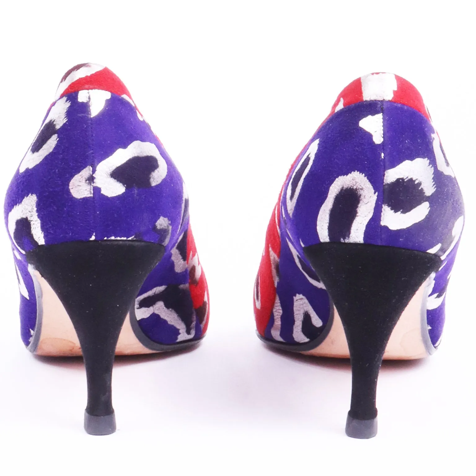 1980s Andrea Pfister Red Blue & Gold Abstract Leopard Print Shoes