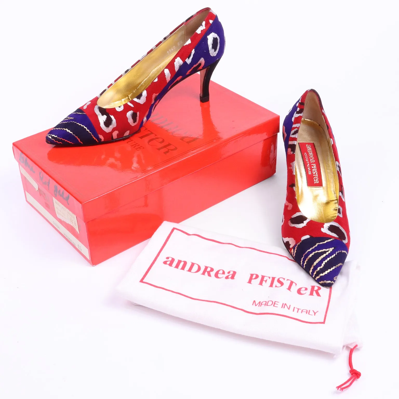 1980s Andrea Pfister Red Blue & Gold Abstract Leopard Print Shoes