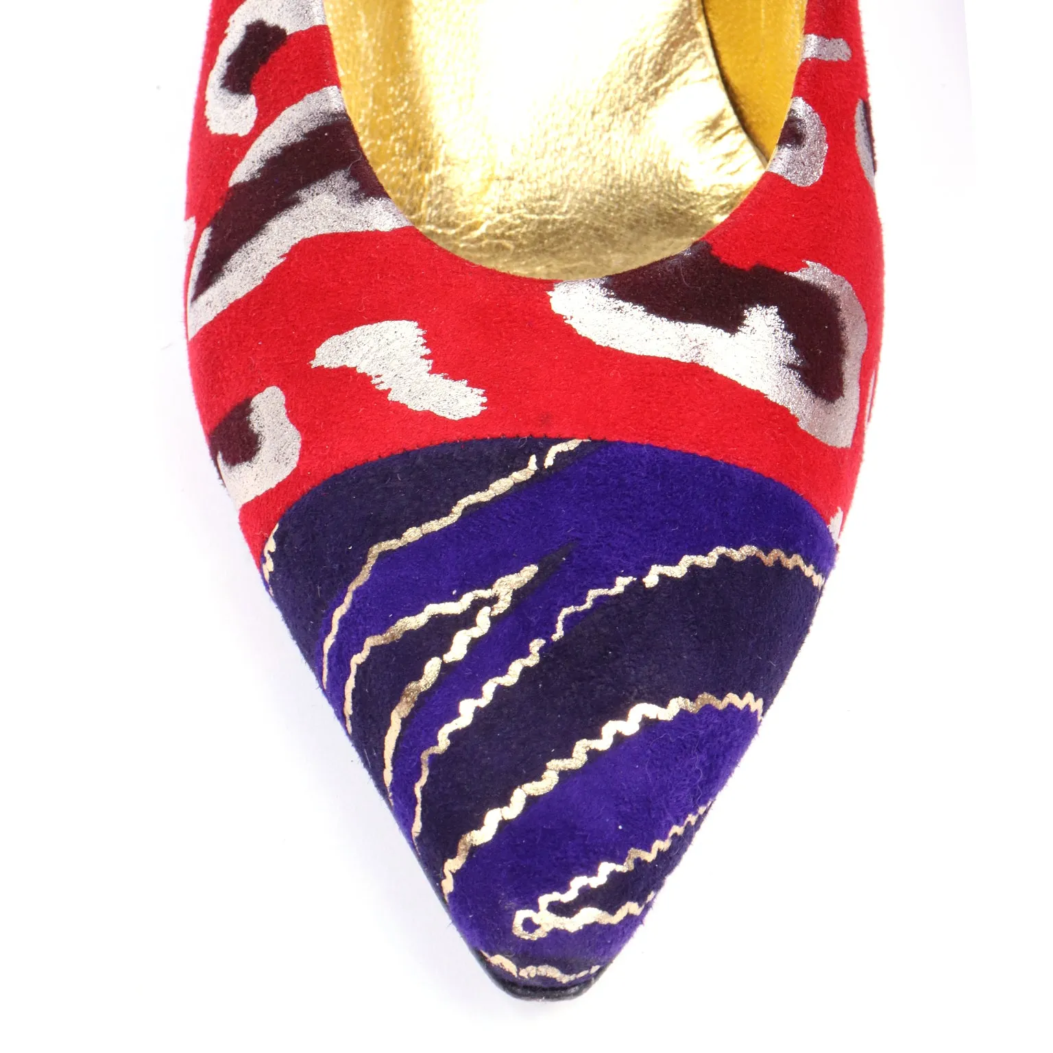 1980s Andrea Pfister Red Blue & Gold Abstract Leopard Print Shoes