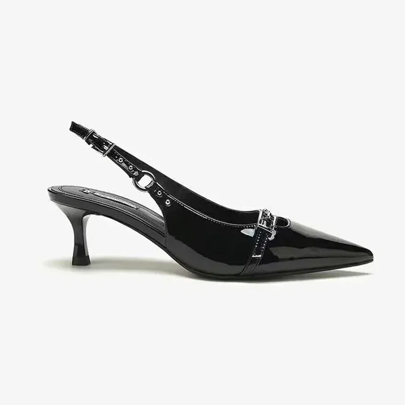 2024 Black Pointy Kitten Heel Sandals with Buckle - JAYHW Summer Collection