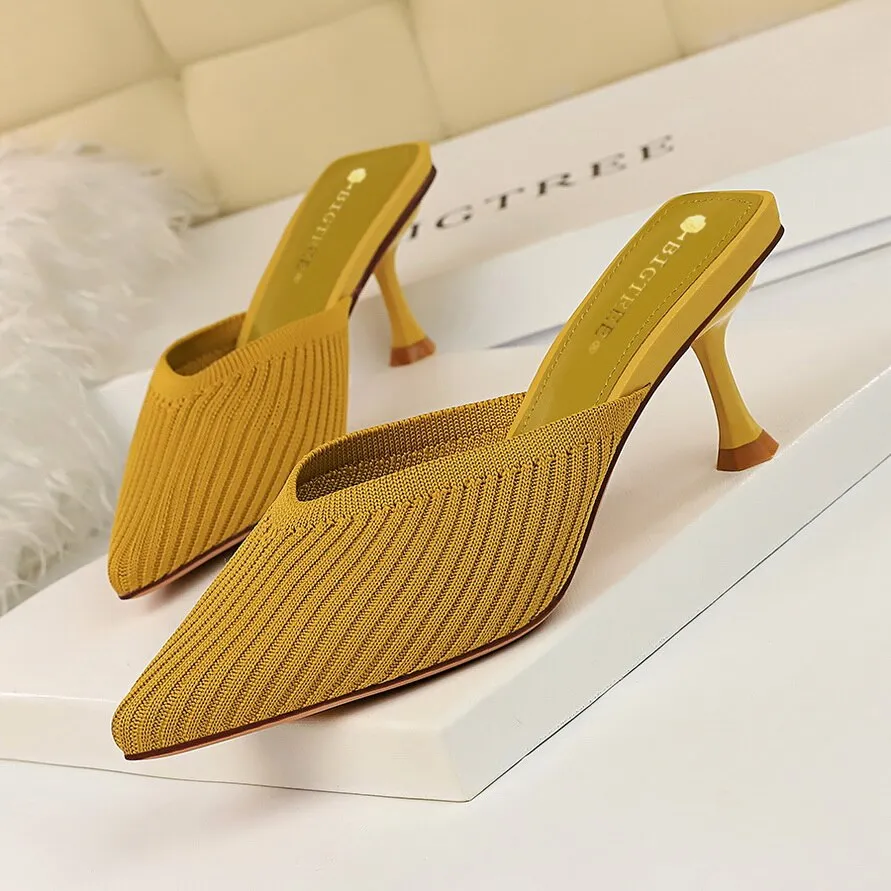 Amozae-  New Style Summer Mesh Slides Women 6cm Low High Heels Hollow Mules Shales Casual Yellow Kitten Heels Slippers   Shoes