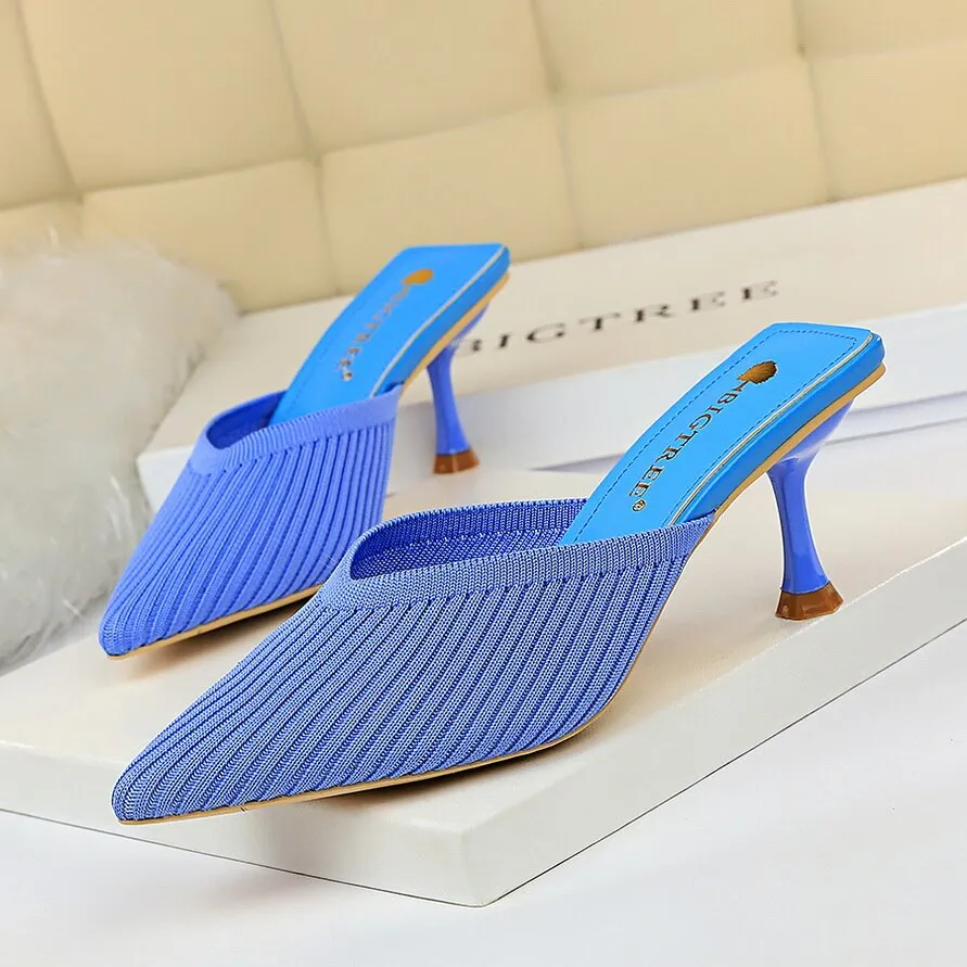 Amozae-  New Style Summer Mesh Slides Women 6cm Low High Heels Hollow Mules Shales Casual Yellow Kitten Heels Slippers   Shoes