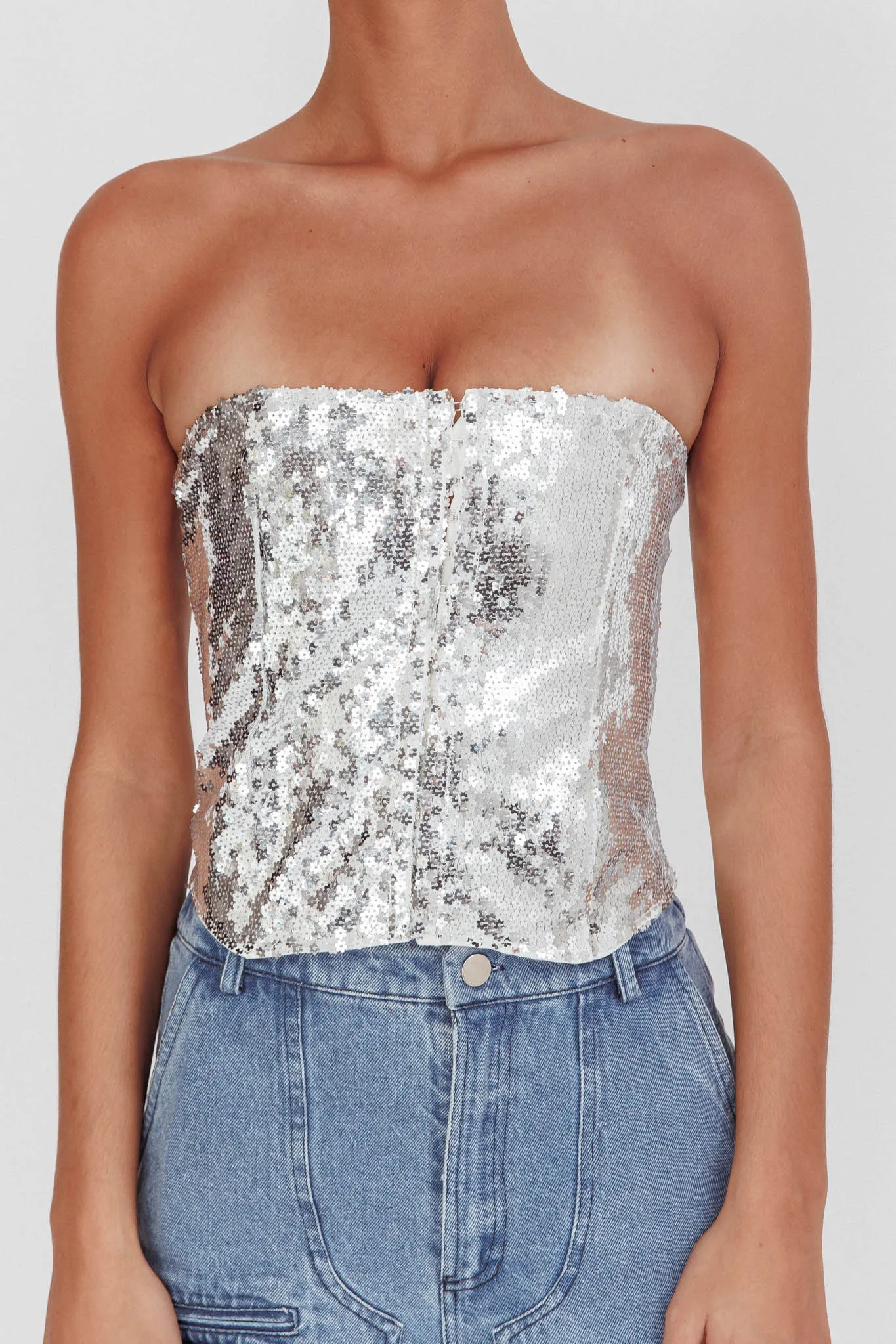 Belgium Strapless Lace-Up Back Top Sequin Silver