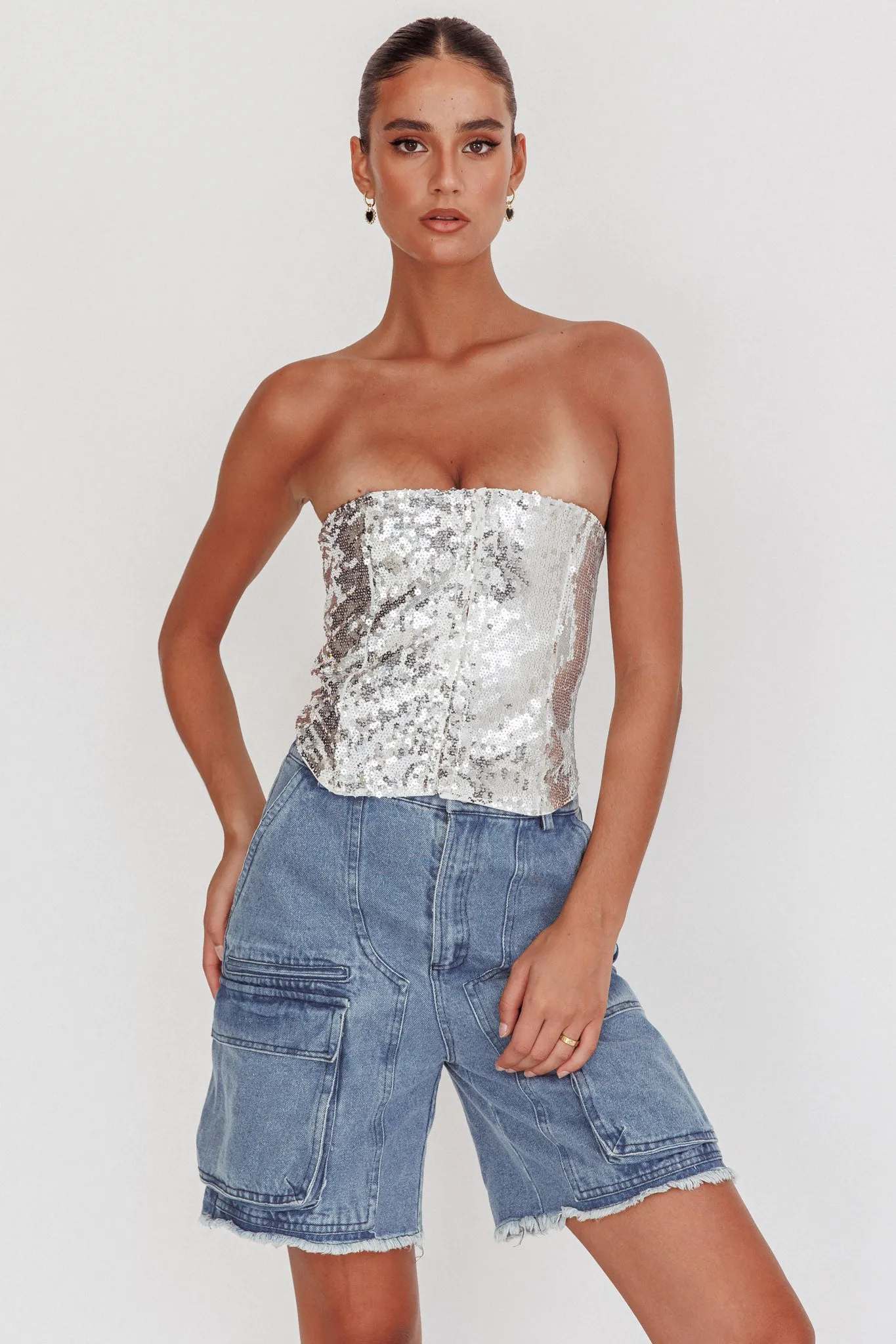 Belgium Strapless Lace-Up Back Top Sequin Silver