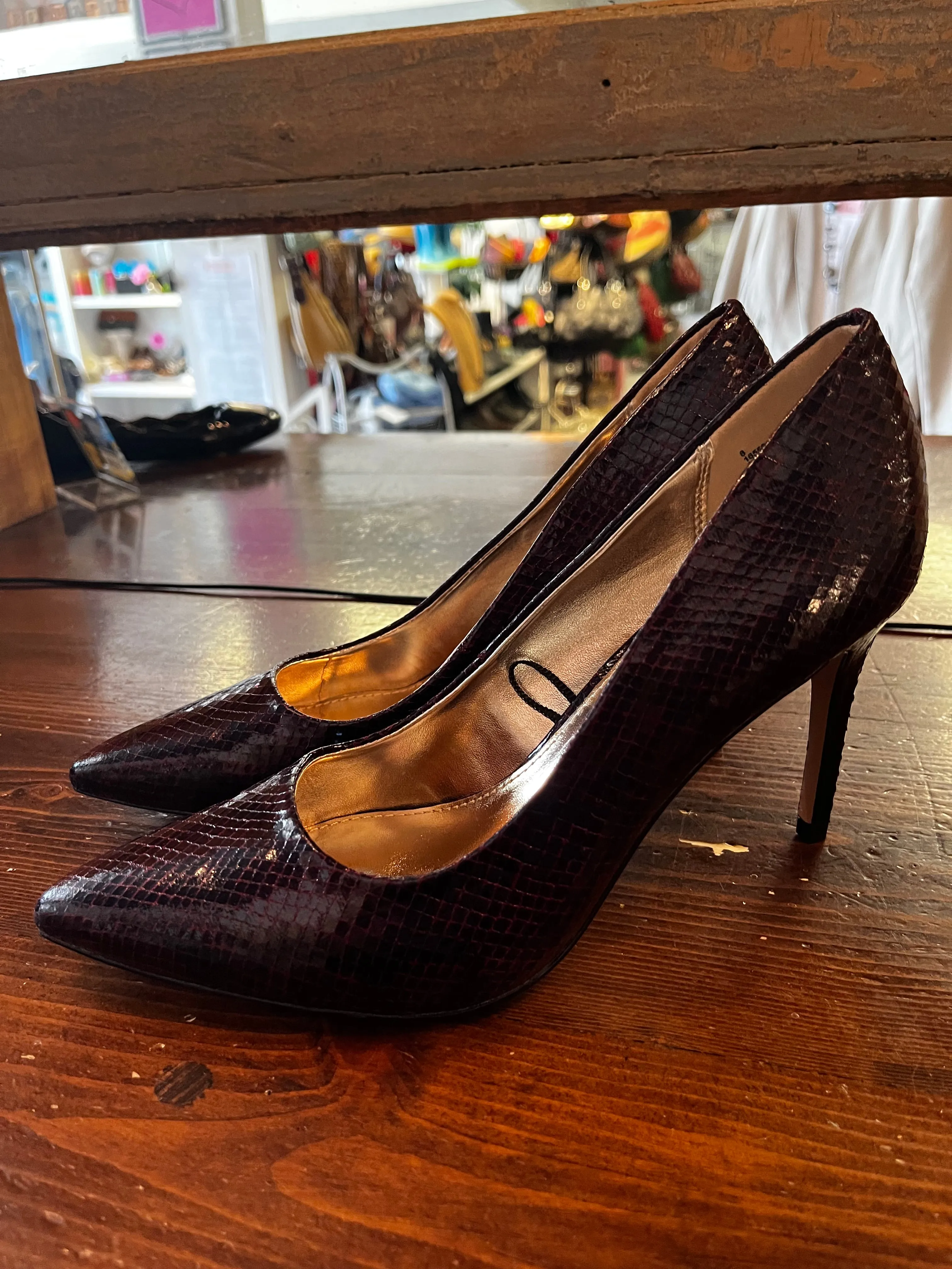 Burgundy Faux Snakeskin Heels (Size 8)