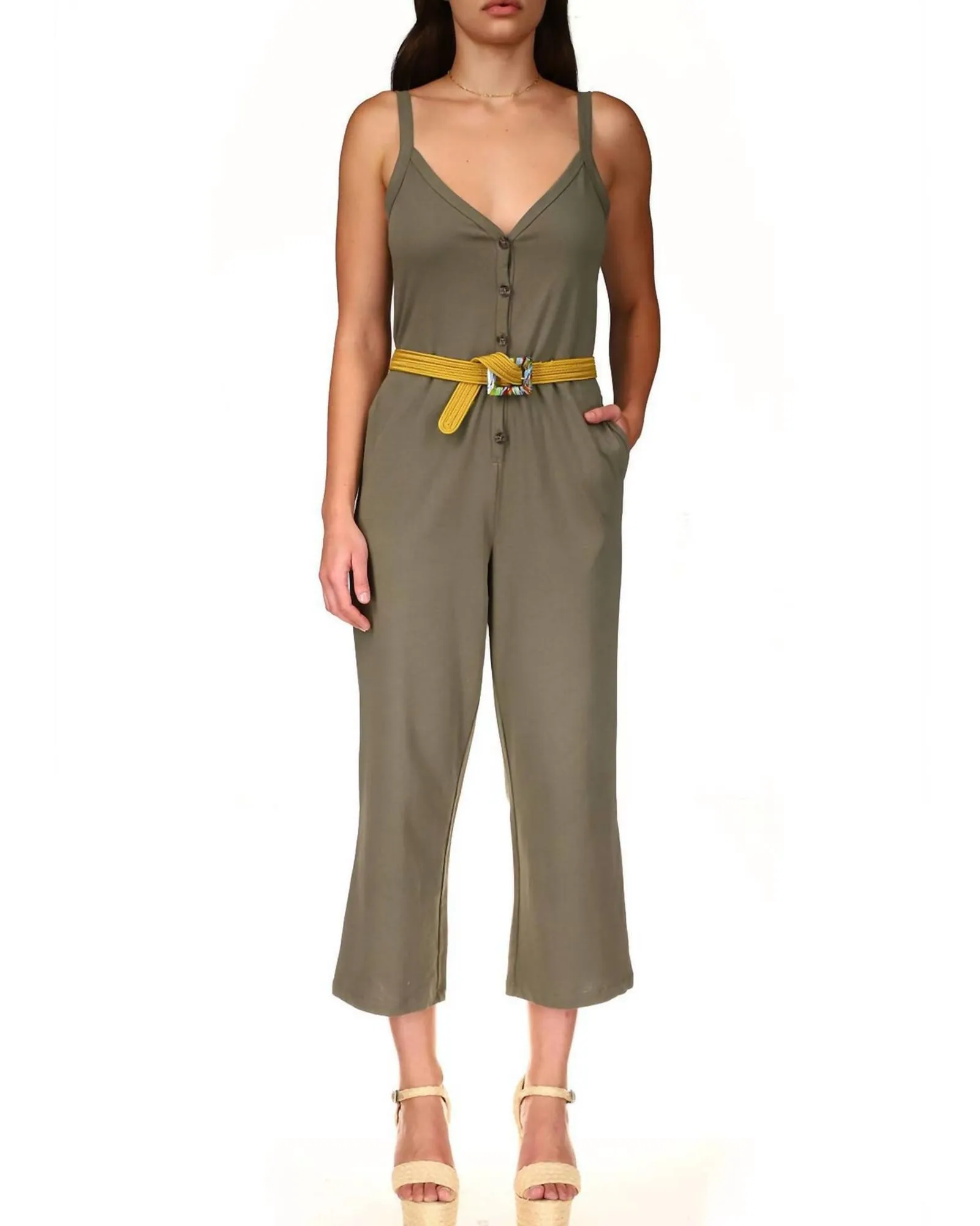 Button Front Knit Jumpsuit in Trail Green | Trail Green