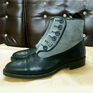 Buy Bespoke Boot, Two Tone Leather, Suede Button Ankle Toe Cap Brogue Boots