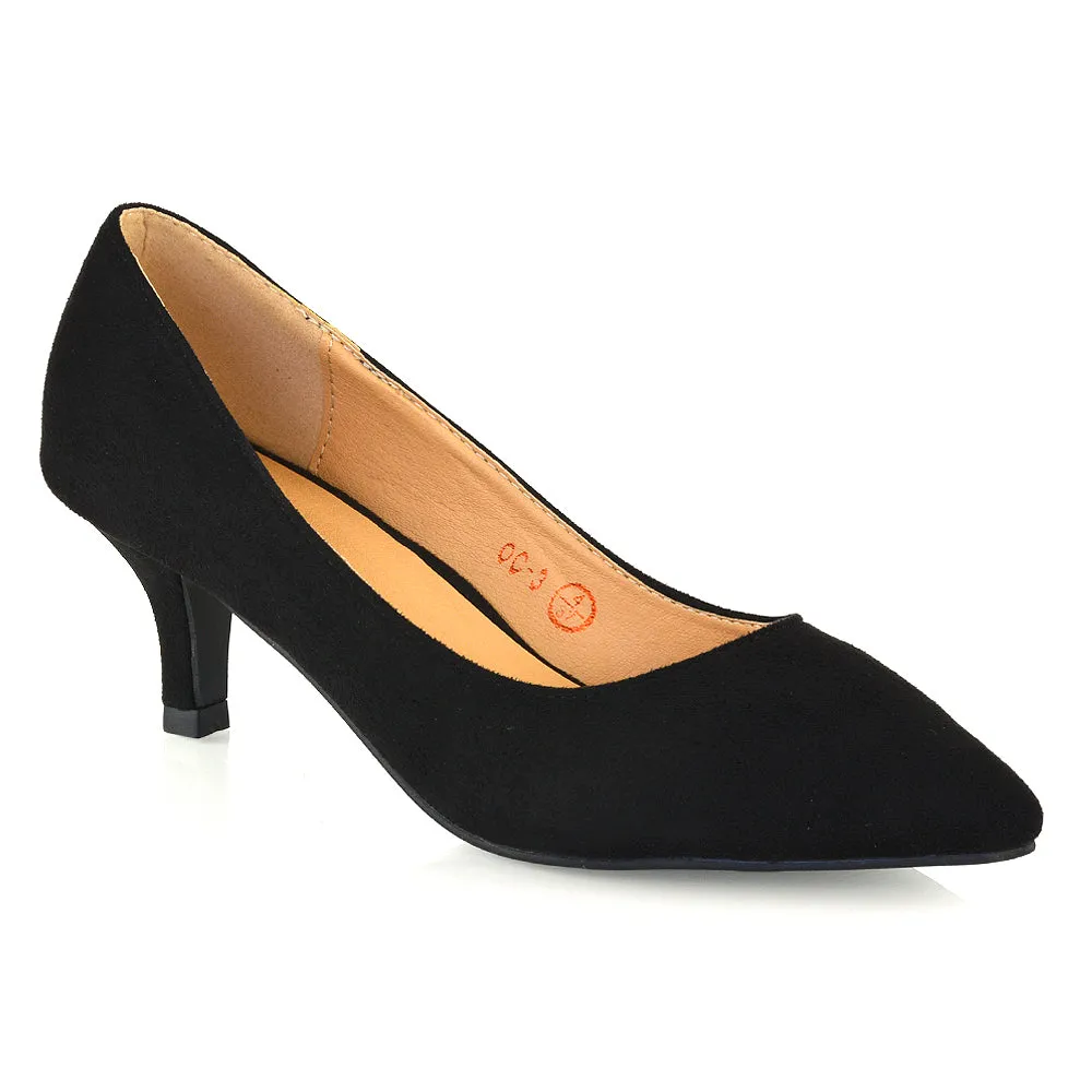 Cali Pointed Toe Slip on Low Stiletto Kitten High Heel Court Shoes in Black