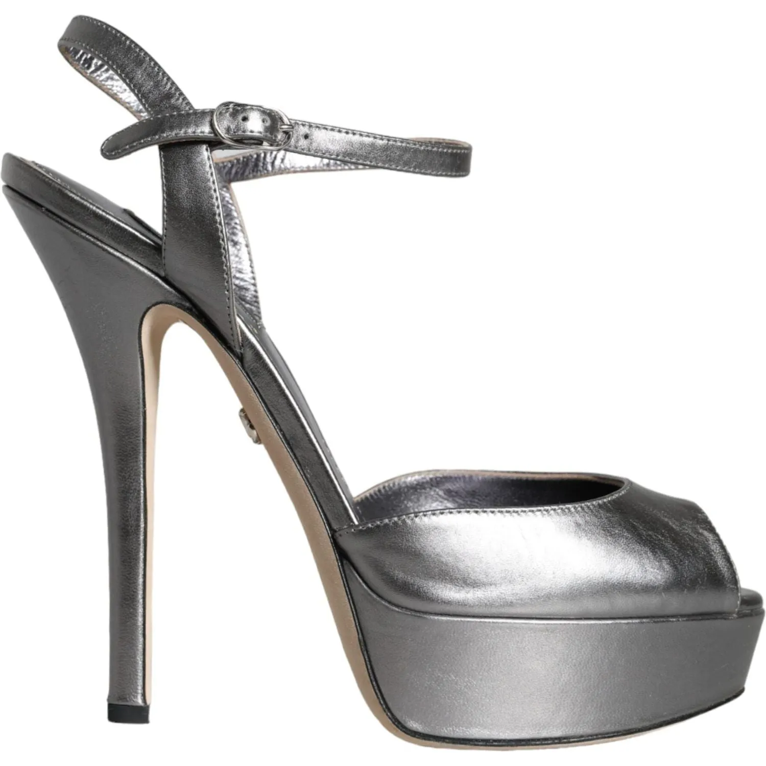 Dolce & Gabbana Metallic Silver Leather Keira Platform Sandals Shoes