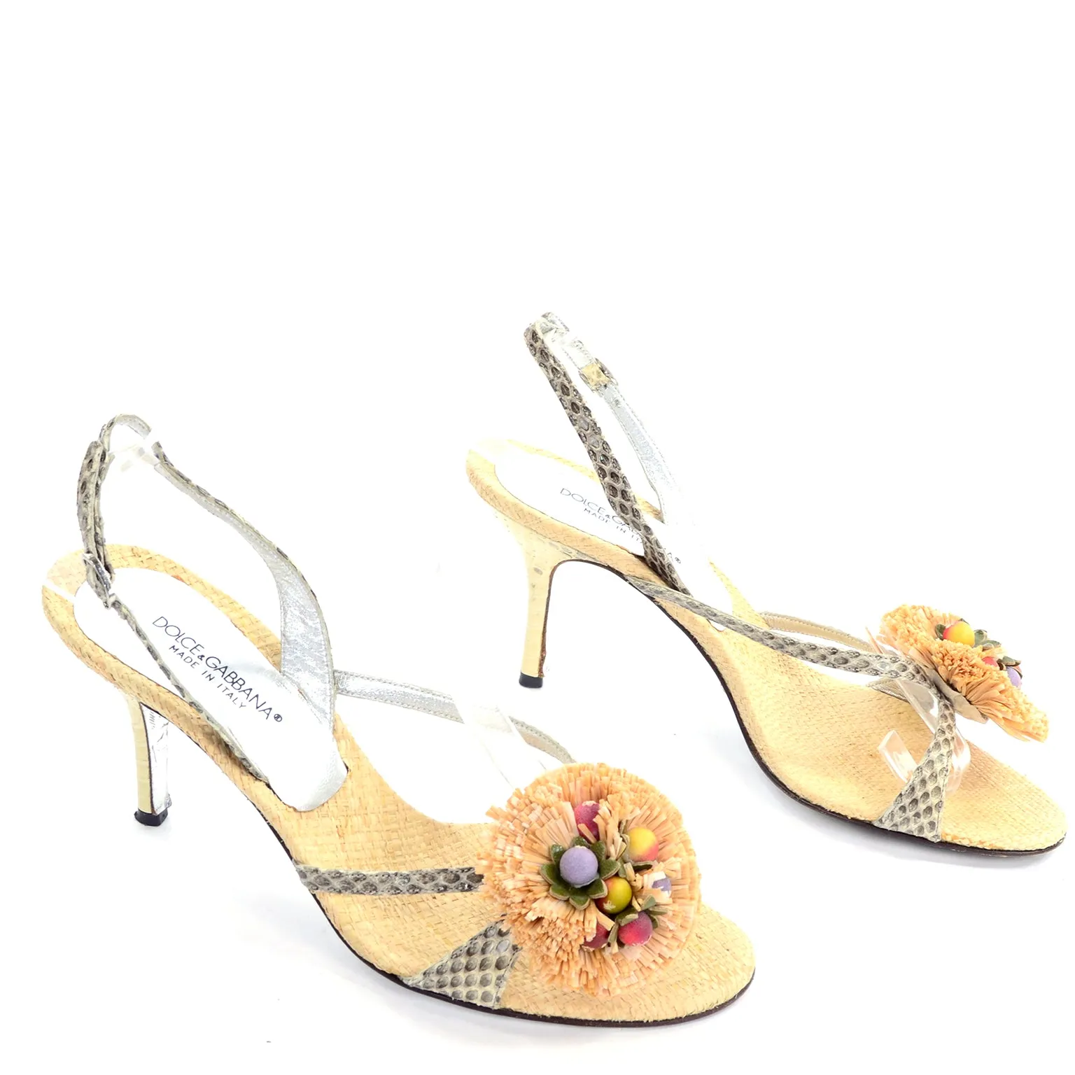 Dolce & Gabbana Shoes Raffia & Fruit Snakeskin Slingback Sandals Heels 37.5