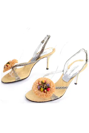 Dolce & Gabbana Shoes Raffia & Fruit Snakeskin Slingback Sandals Heels 37.5