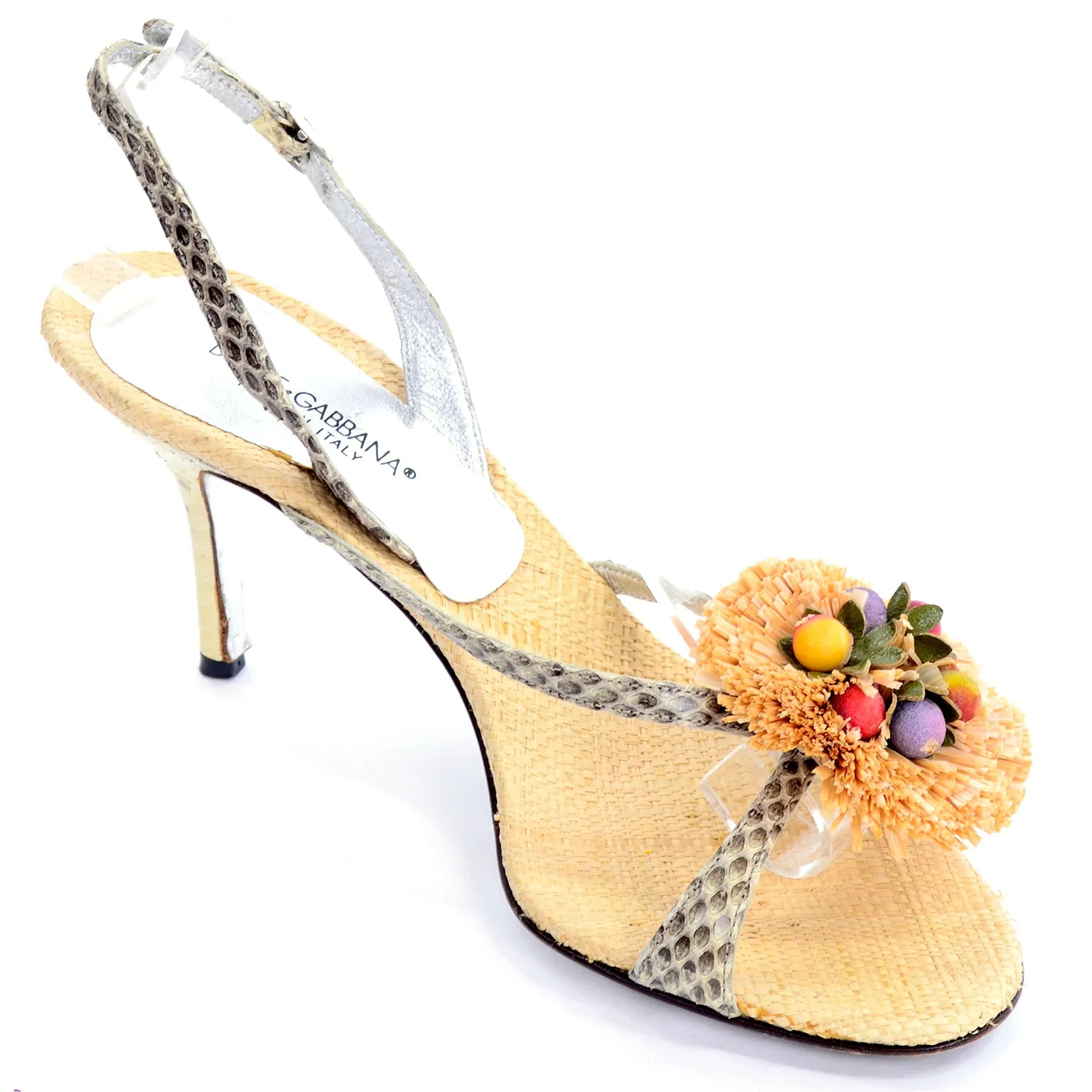 Dolce & Gabbana Shoes Raffia & Fruit Snakeskin Slingback Sandals Heels 37.5