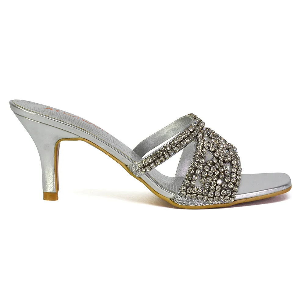 Dominica Diamante Low Kitten High Heel Stiletto Heeled Mule Sandals in Silver