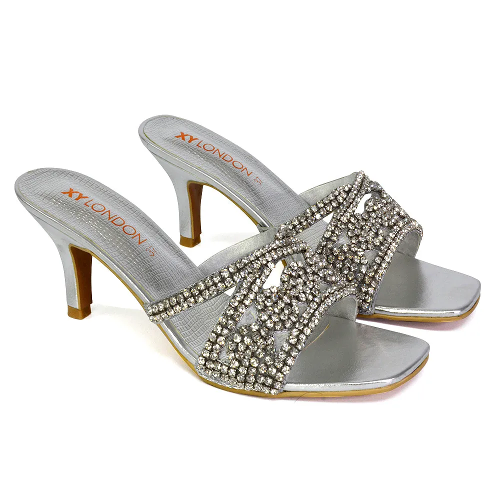 Dominica Diamante Low Kitten High Heel Stiletto Heeled Mule Sandals in Silver