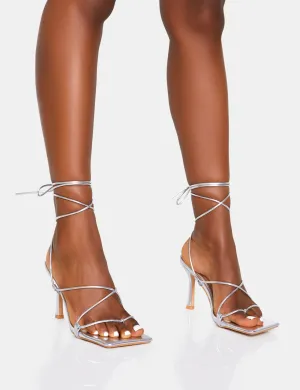 Euphoria Metallic Silver Pu Square Toe Lace Up Mid Heels