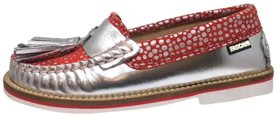 Fascani Girl's and Boy's Metallic Silver Leather Red Polka Dot Tassel Stitching Detail Slip On Loafer Moccasin