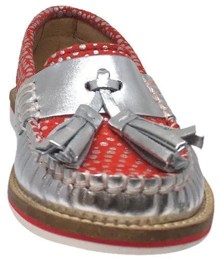 Fascani Girl's and Boy's Metallic Silver Leather Red Polka Dot Tassel Stitching Detail Slip On Loafer Moccasin