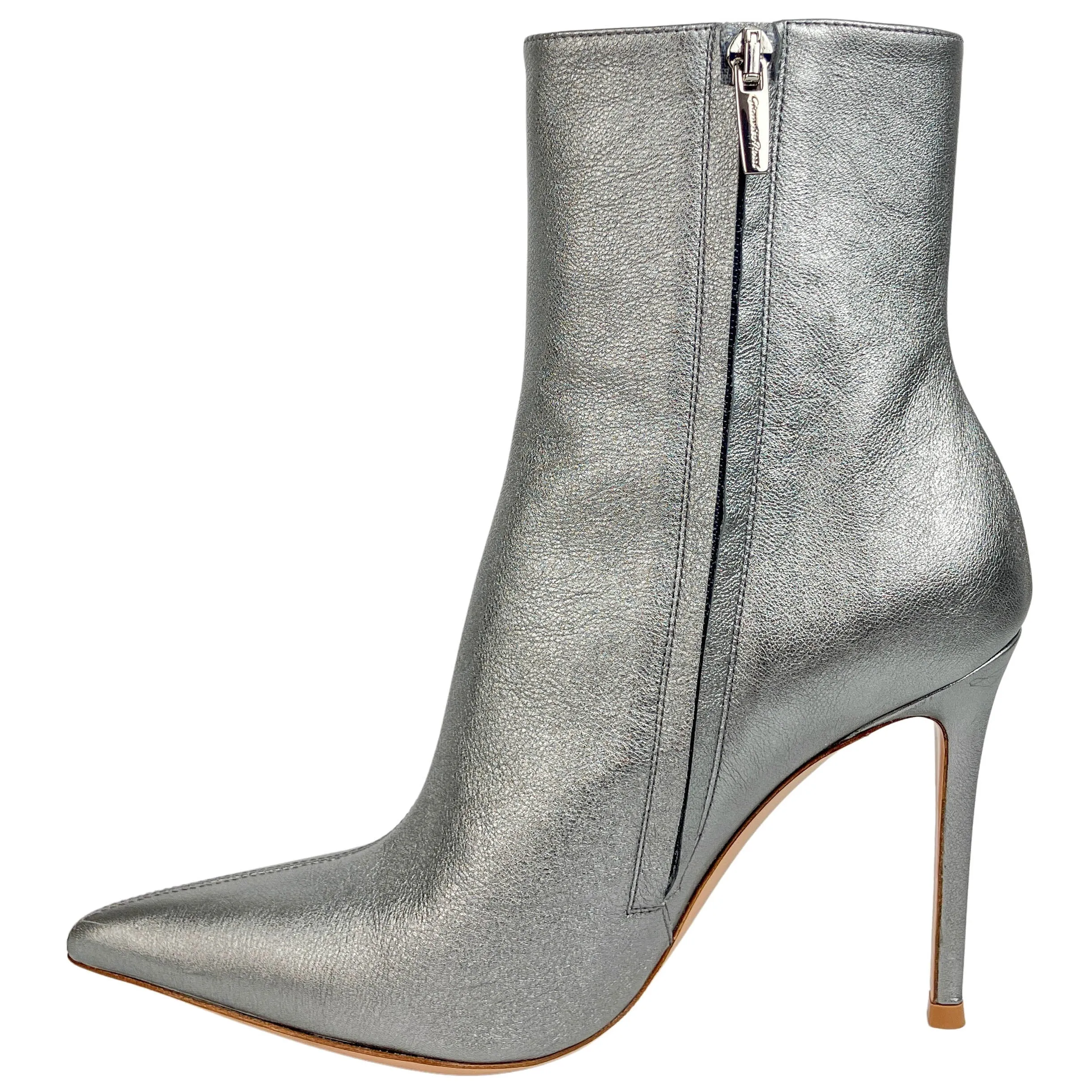 Gianvito Rossi Vitello Metallic Booties in Steel