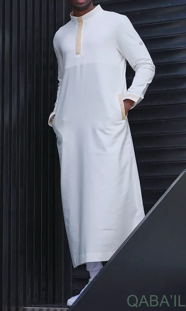 Islamic Men's Long Thobe Kamees Eminence QL in Cream and Gold