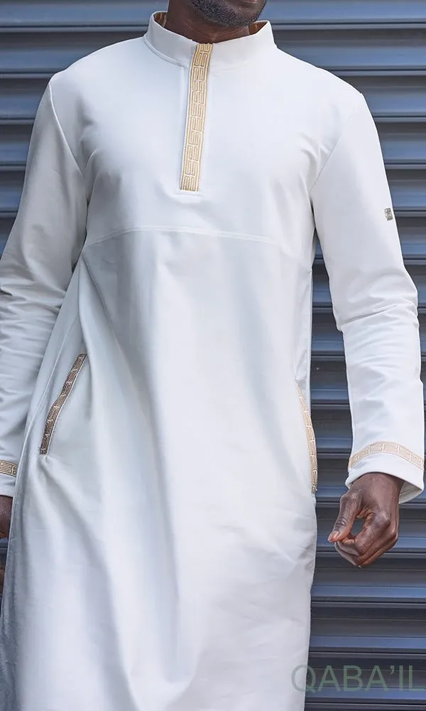 Islamic Men's Long Thobe Kamees Eminence QL in Cream and Gold