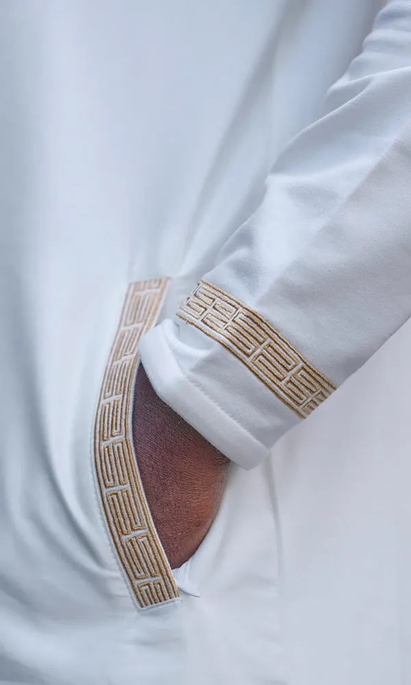 Islamic Men's Long Thobe Kamees Eminence QL in Cream and Gold