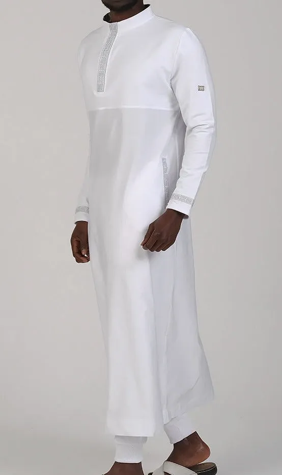 Islamic Men's Long Thobe Kamees Eminence QL in White and Silver