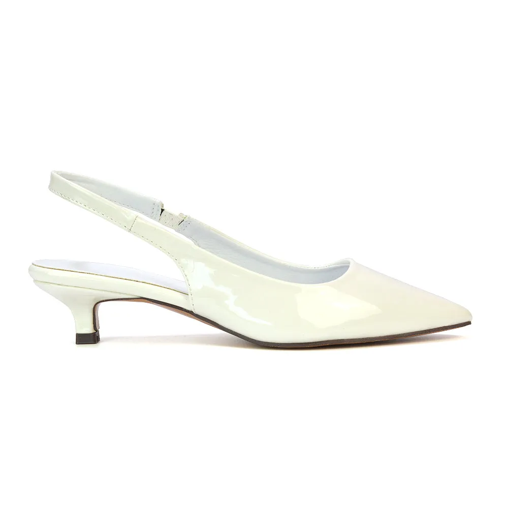 Jenny Pointed Toe Slingback Strappy Kitten Court Heels in White Patent