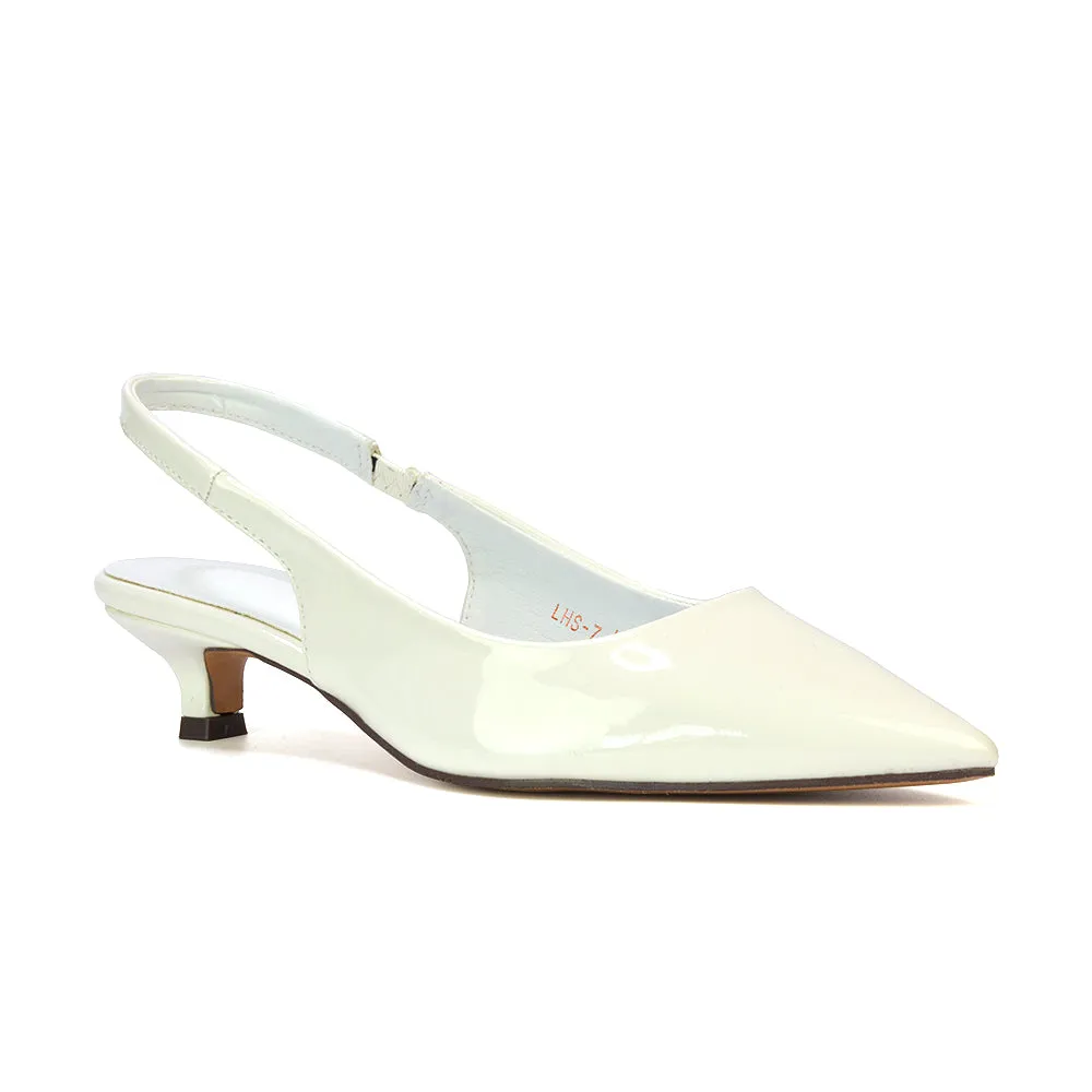 Jenny Pointed Toe Slingback Strappy Kitten Court Heels in White Patent