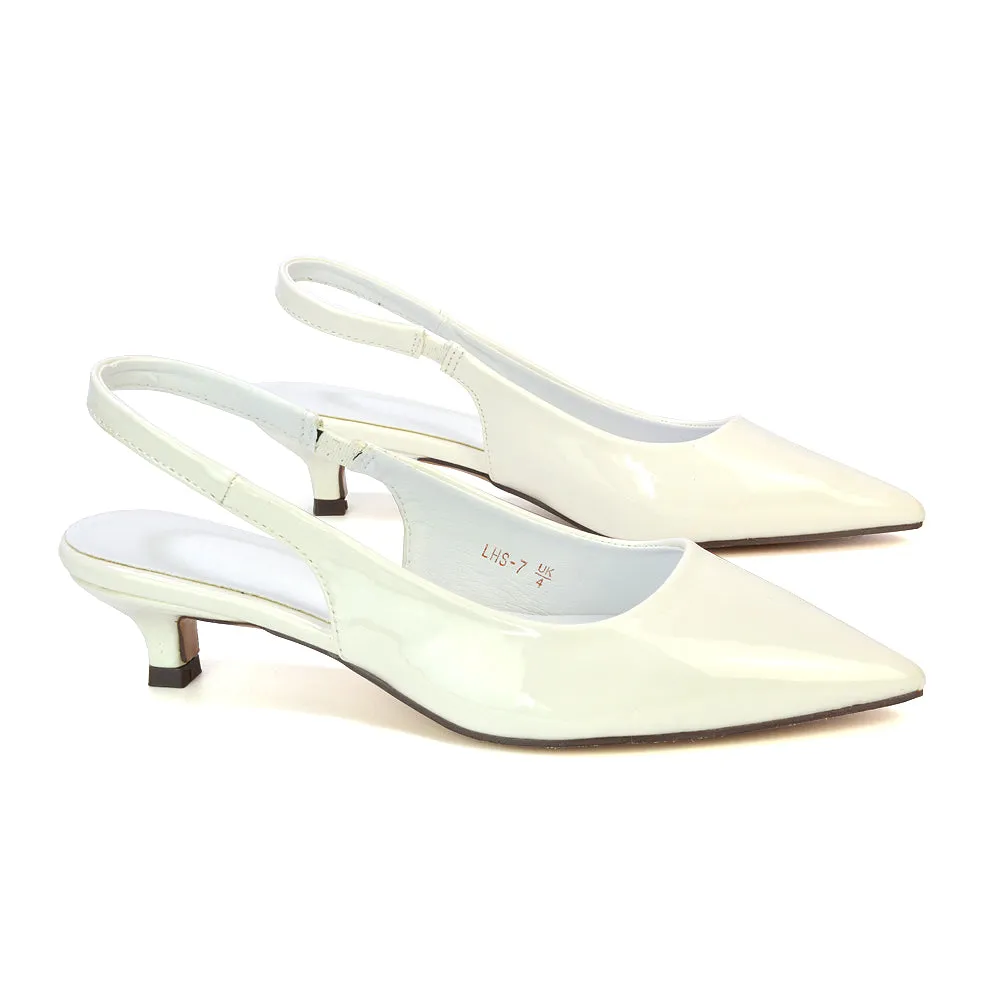 Jenny Pointed Toe Slingback Strappy Kitten Court Heels in White Patent