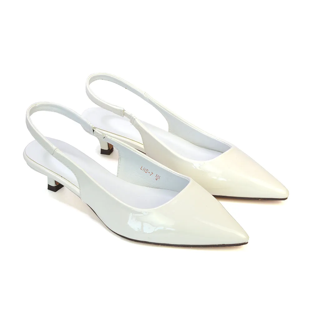 Jenny Pointed Toe Slingback Strappy Kitten Court Heels in White Patent