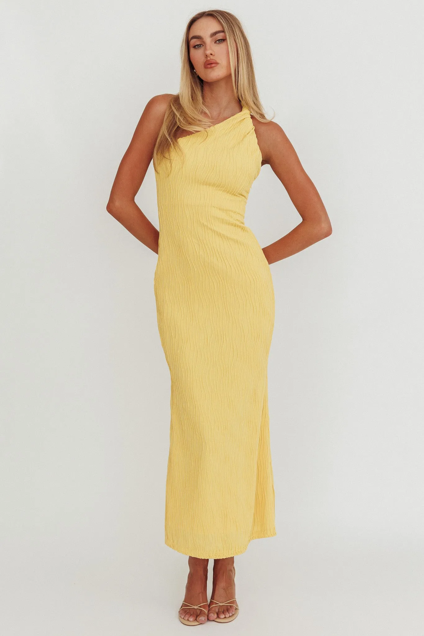 Lingering Love One-Shoulder Twist Midi Dress Lemon