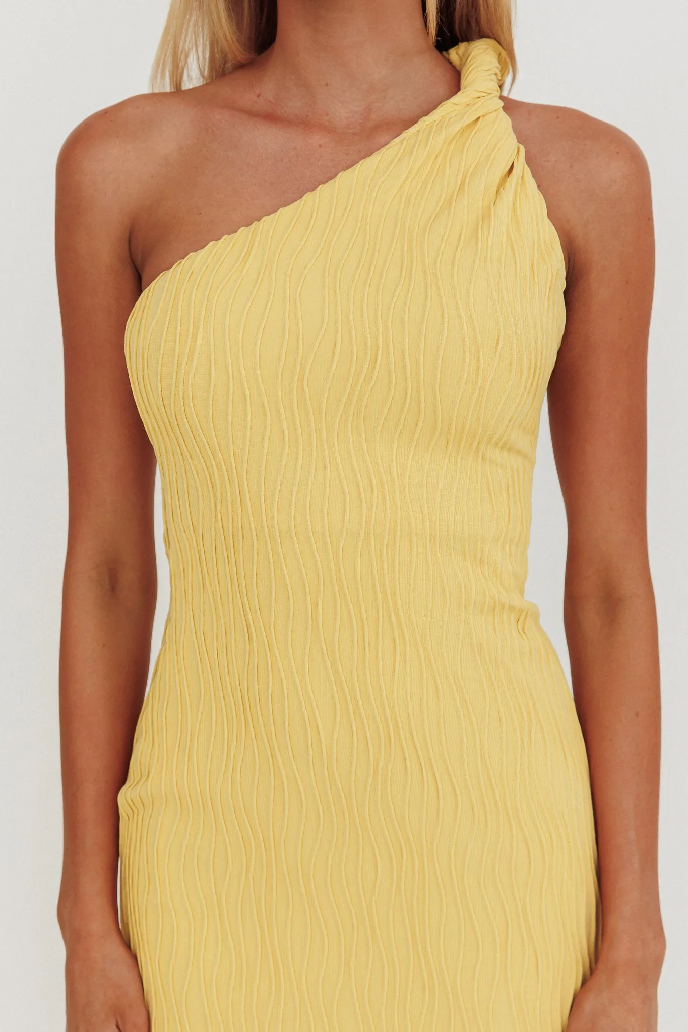 Lingering Love One-Shoulder Twist Midi Dress Lemon