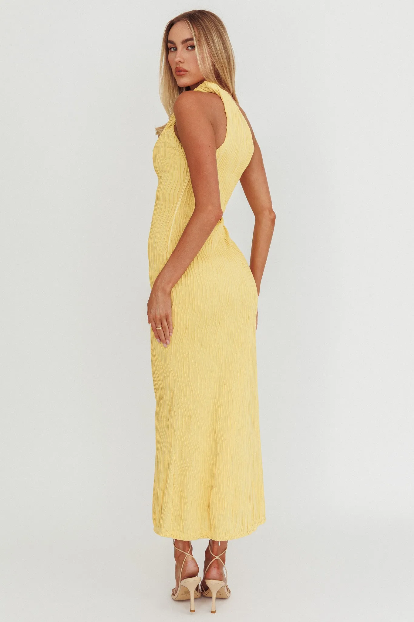 Lingering Love One-Shoulder Twist Midi Dress Lemon