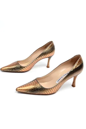 Manolo Blahnik Bronze & Copper Metallic Snakeskin Pumps