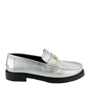 Moschino Logo Metallic Leather Loafers in Silver