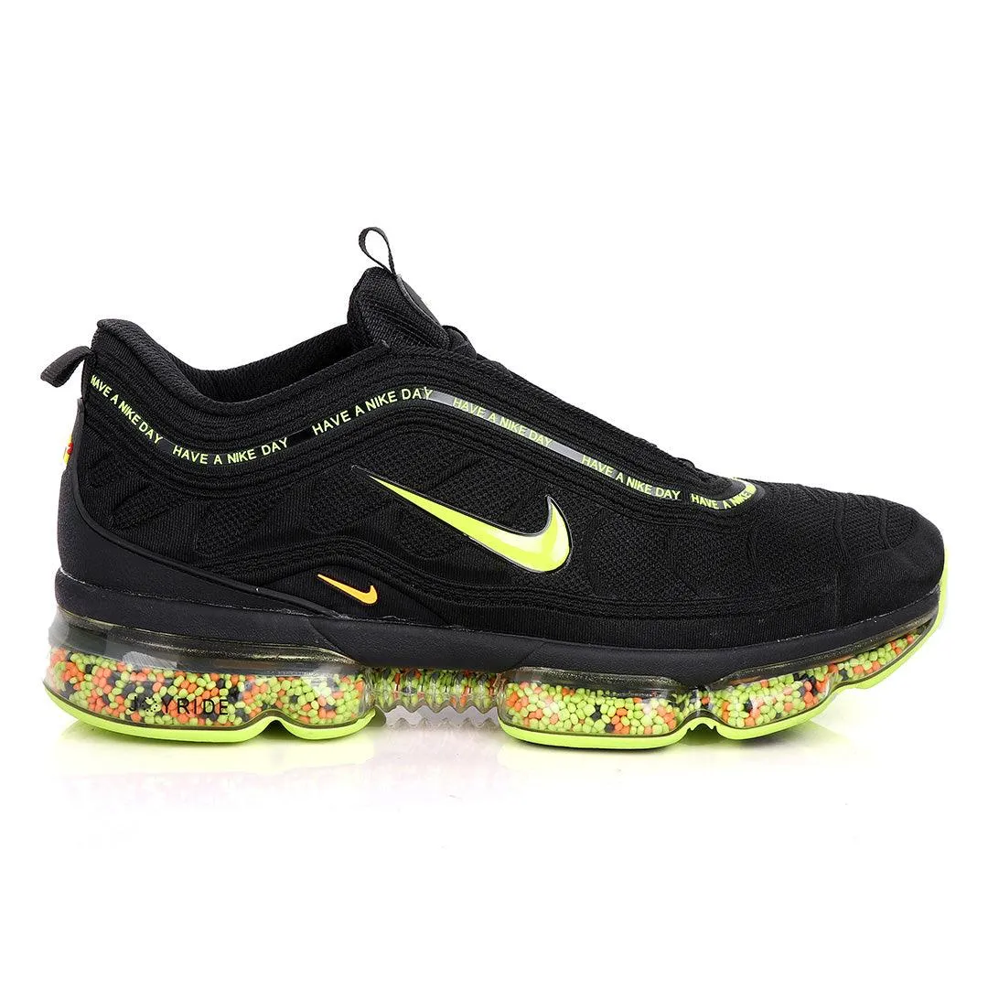 NK Max Black Sneakers With Pearl Filled Tuned Pressure Sole And Lemon Logo Design