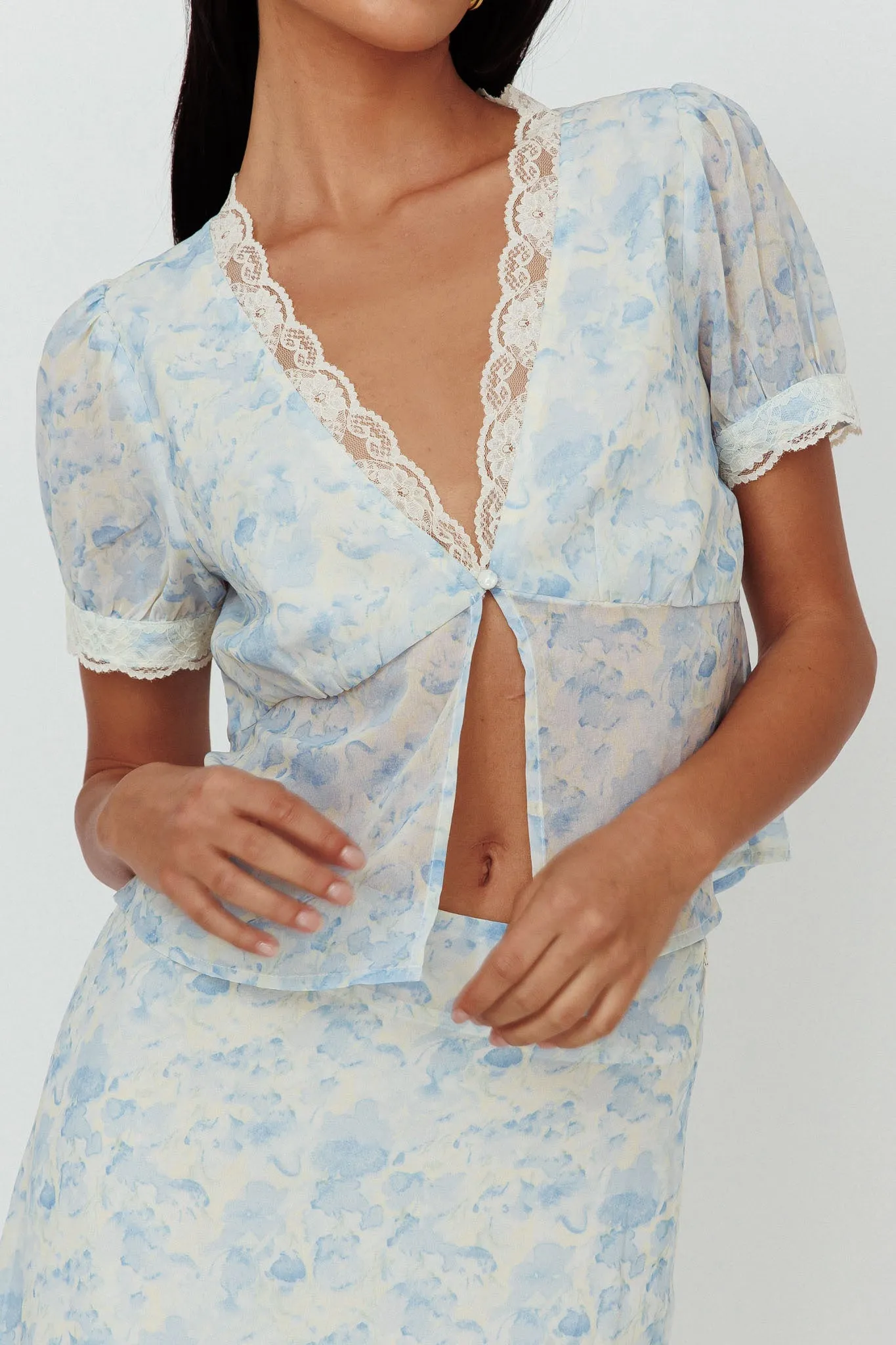 Palmer Lace Trim Blouse Top Blue