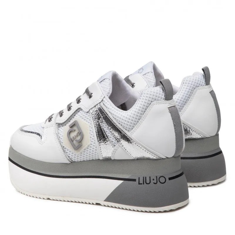 Scarpe Donna LIU JO Sneakers Platform Super Maxi Wonder in Pelle e Mesh Bianco e Argento