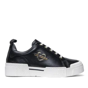 Scarpe Donna LOVE MOSCHINO Sneakers Platform in Pelle Nera linea Gold Metal Logo