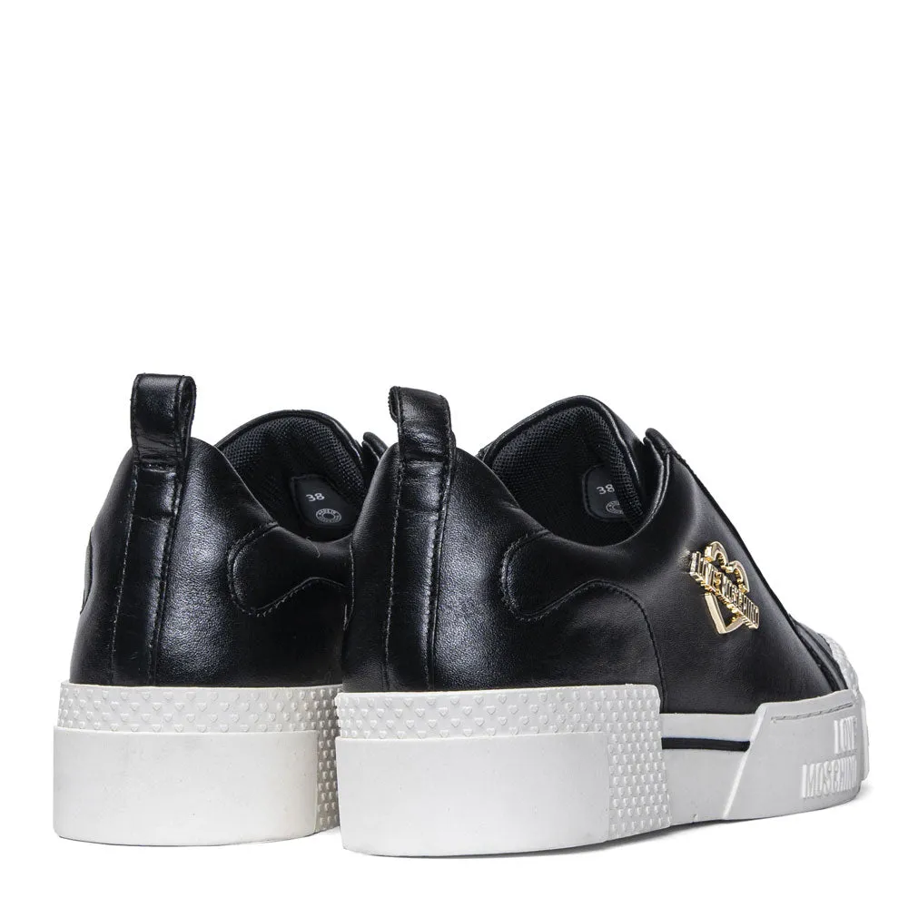 Scarpe Donna LOVE MOSCHINO Sneakers Platform in Pelle Nera linea Gold Metal Logo