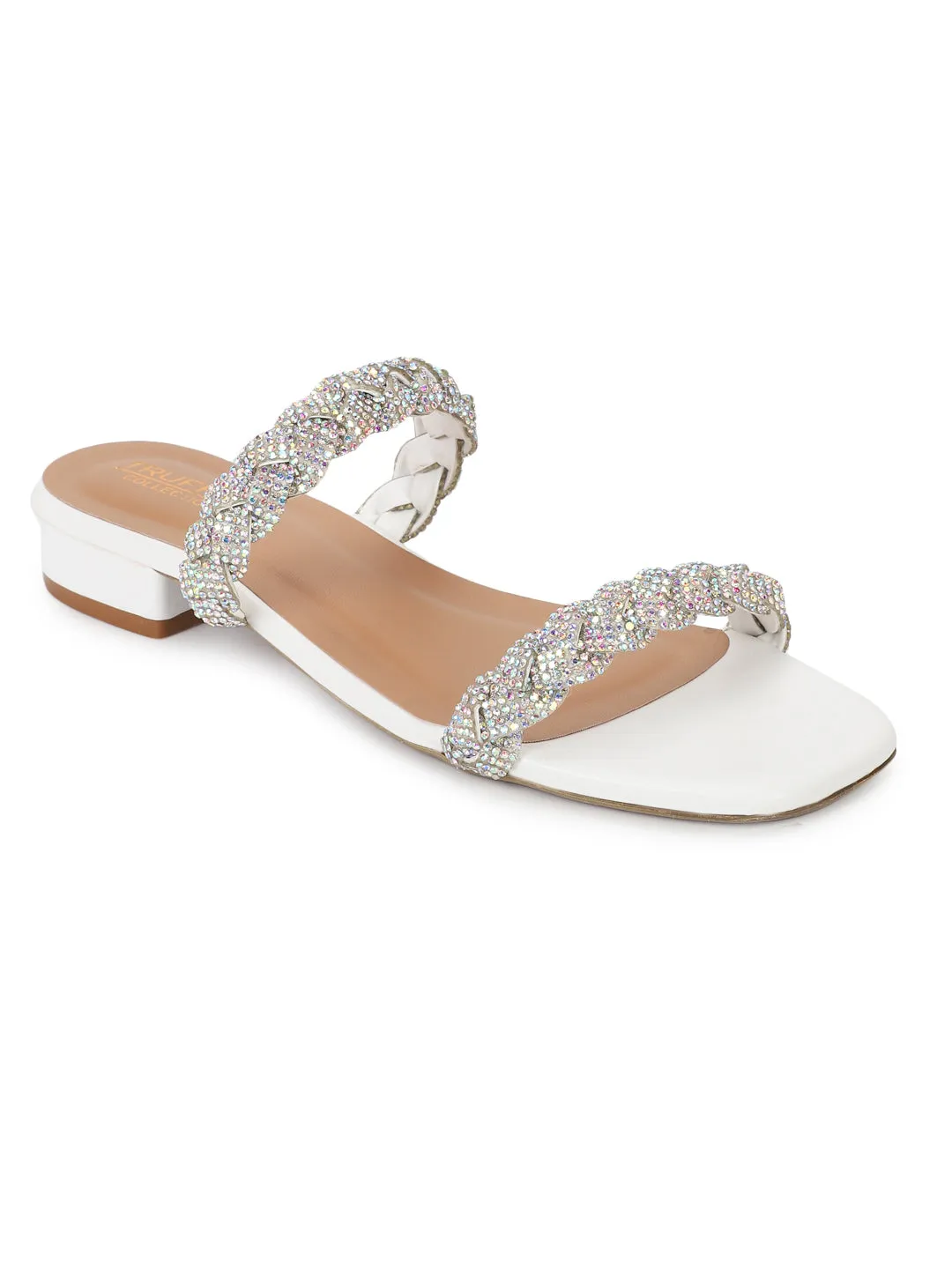 White PU Diamante Kitten Heel Mules (TC-ST-1338-WHT)