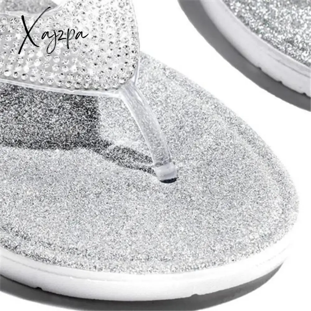 Xajzpa Silver Summer Artificial Leather Rhinestone Seaside Slippers