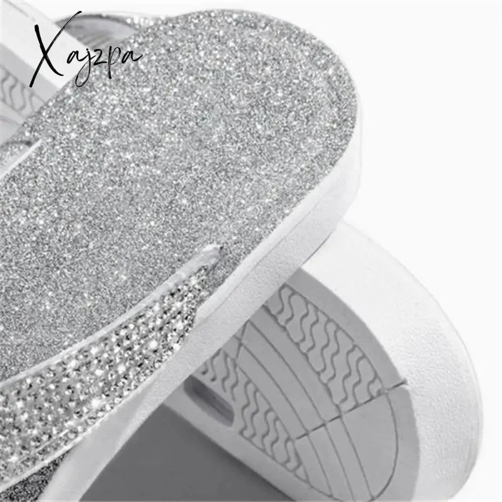 Xajzpa Silver Summer Artificial Leather Rhinestone Seaside Slippers