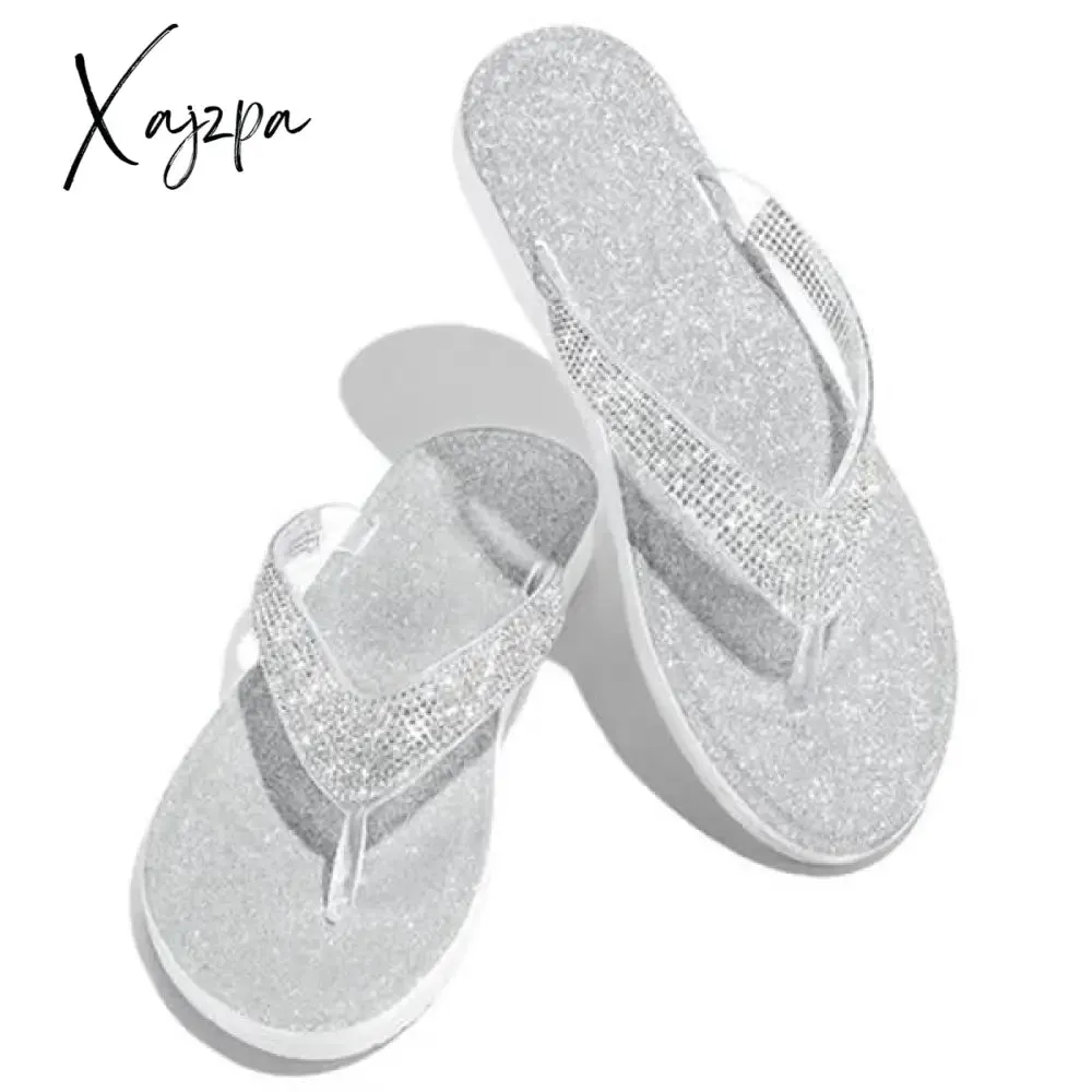 Xajzpa Silver Summer Artificial Leather Rhinestone Seaside Slippers