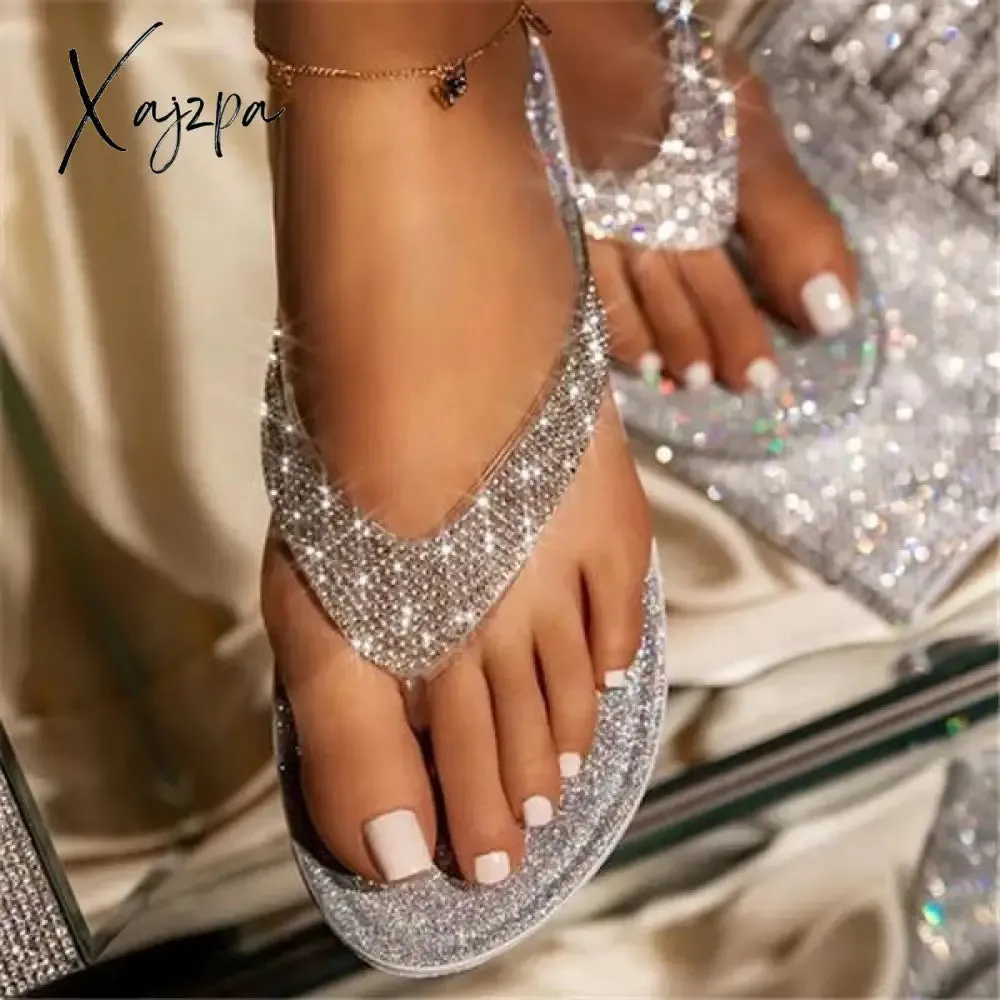 Xajzpa Silver Summer Artificial Leather Rhinestone Seaside Slippers